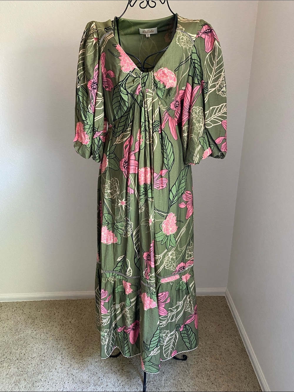 Listicle Olive Green Dress with Cream Floral Print